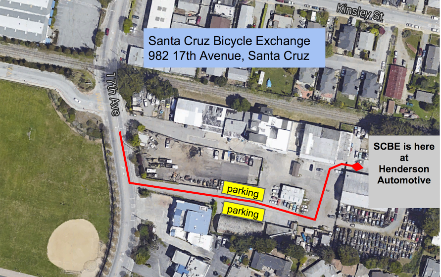 annotated map showing directions to Santa Cruz Bicycle Exchange workshop